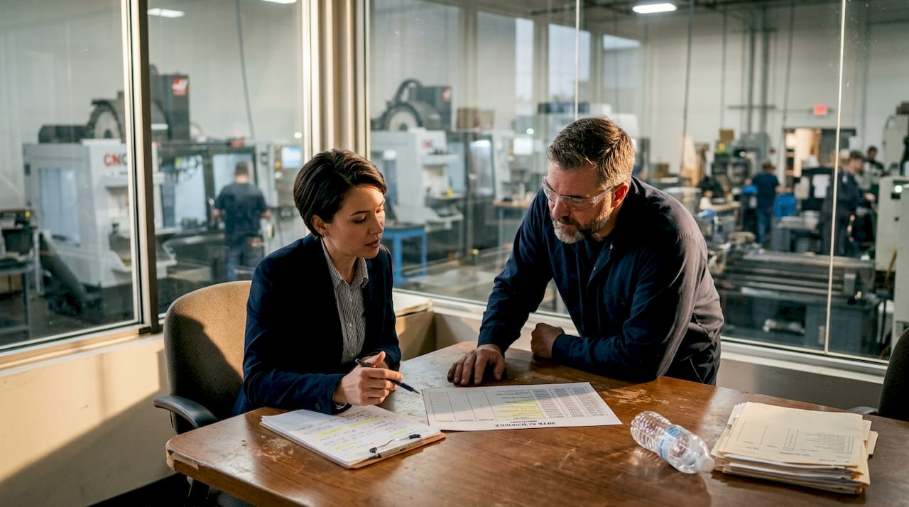 Factory team reviews production schedule