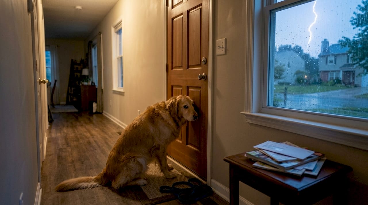 Dog anxious during thunderstorm at home
