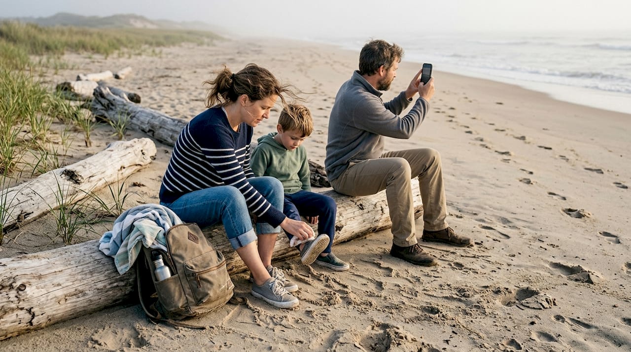 Family enjoying quiet Plum Island beach