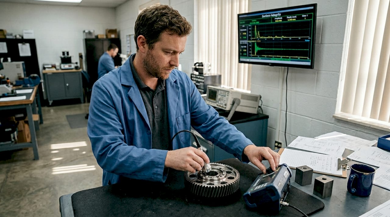 Technician conducts ultrasonic gear inspection