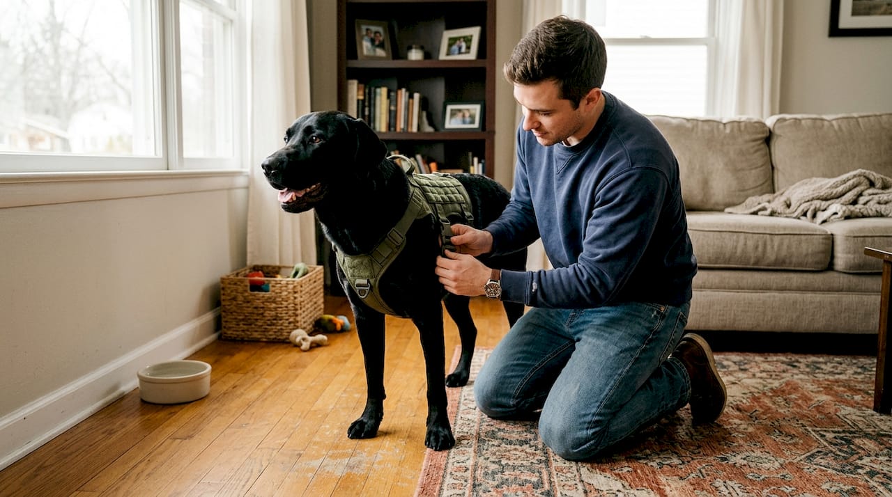 Man adjusting harness on Labrador in living room