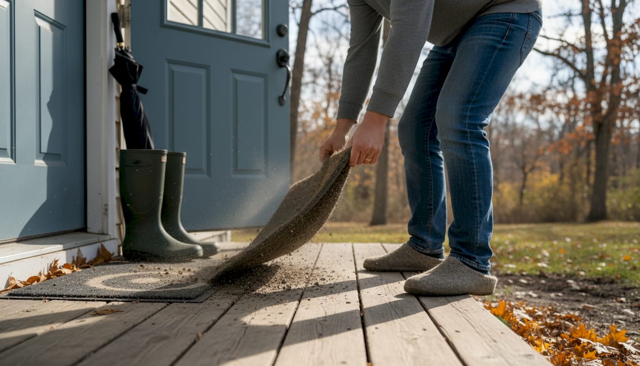 Person cleaning muddy doormat on wooden porch