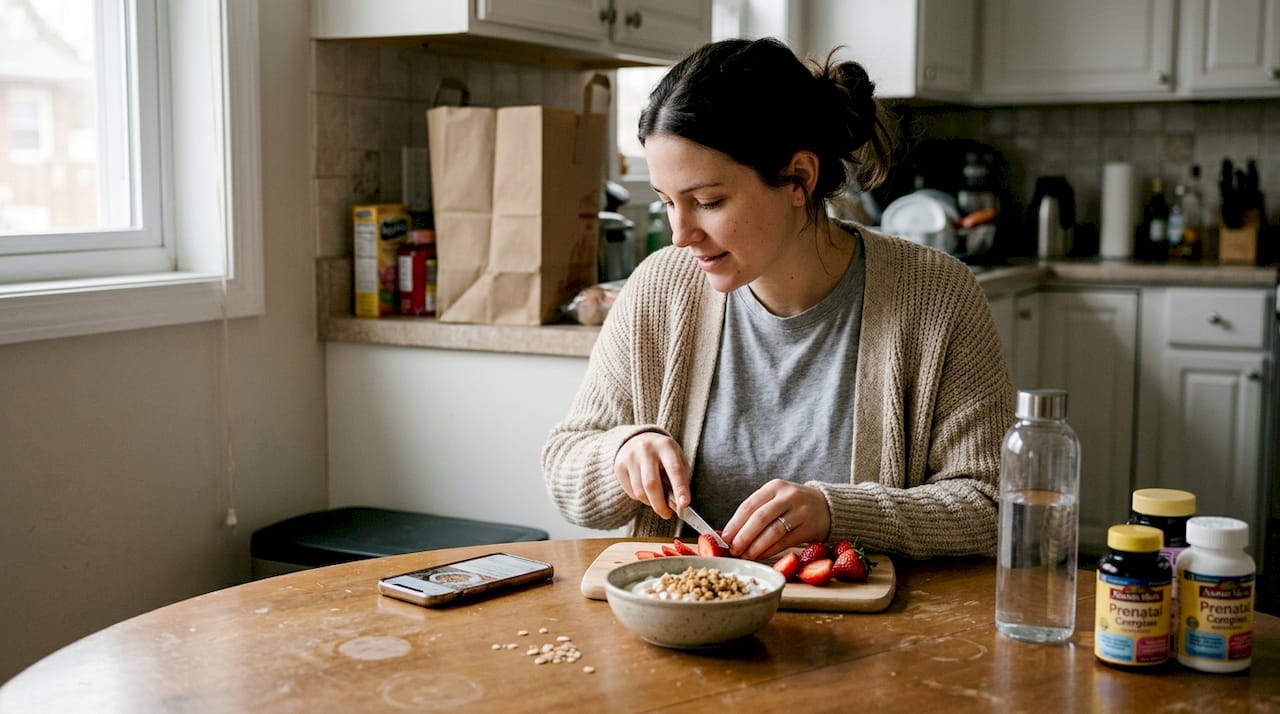 Pregnant woman preparing healthy breakfast at home