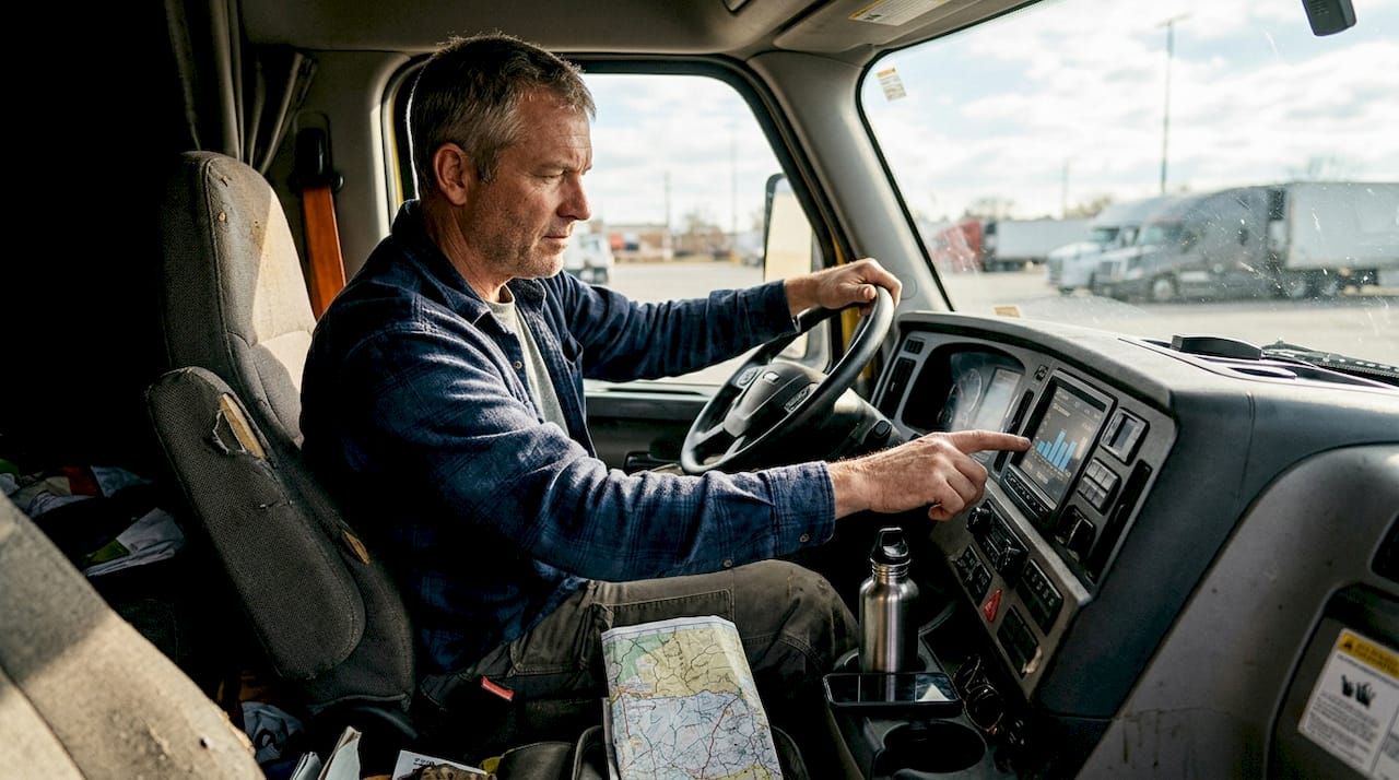 Truck driver checking telematics in vehicle cabin