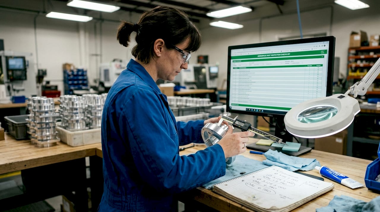 Technician inspecting aerospace part quality