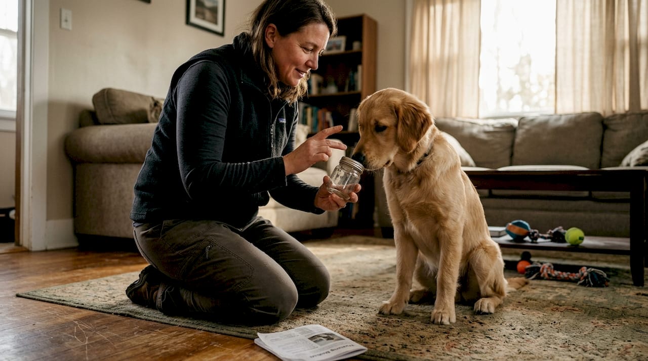 Trainer teaching dog emergency alert skill