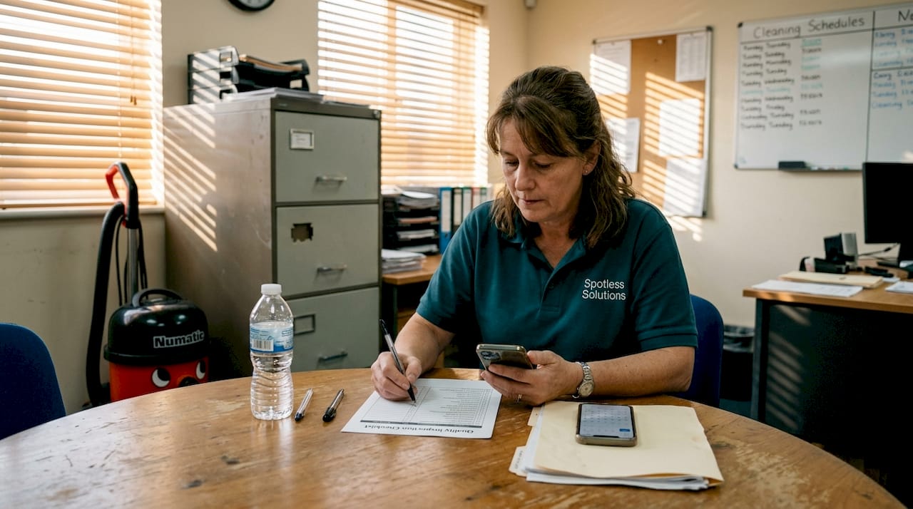 Cleaning manager reviews checklist in office