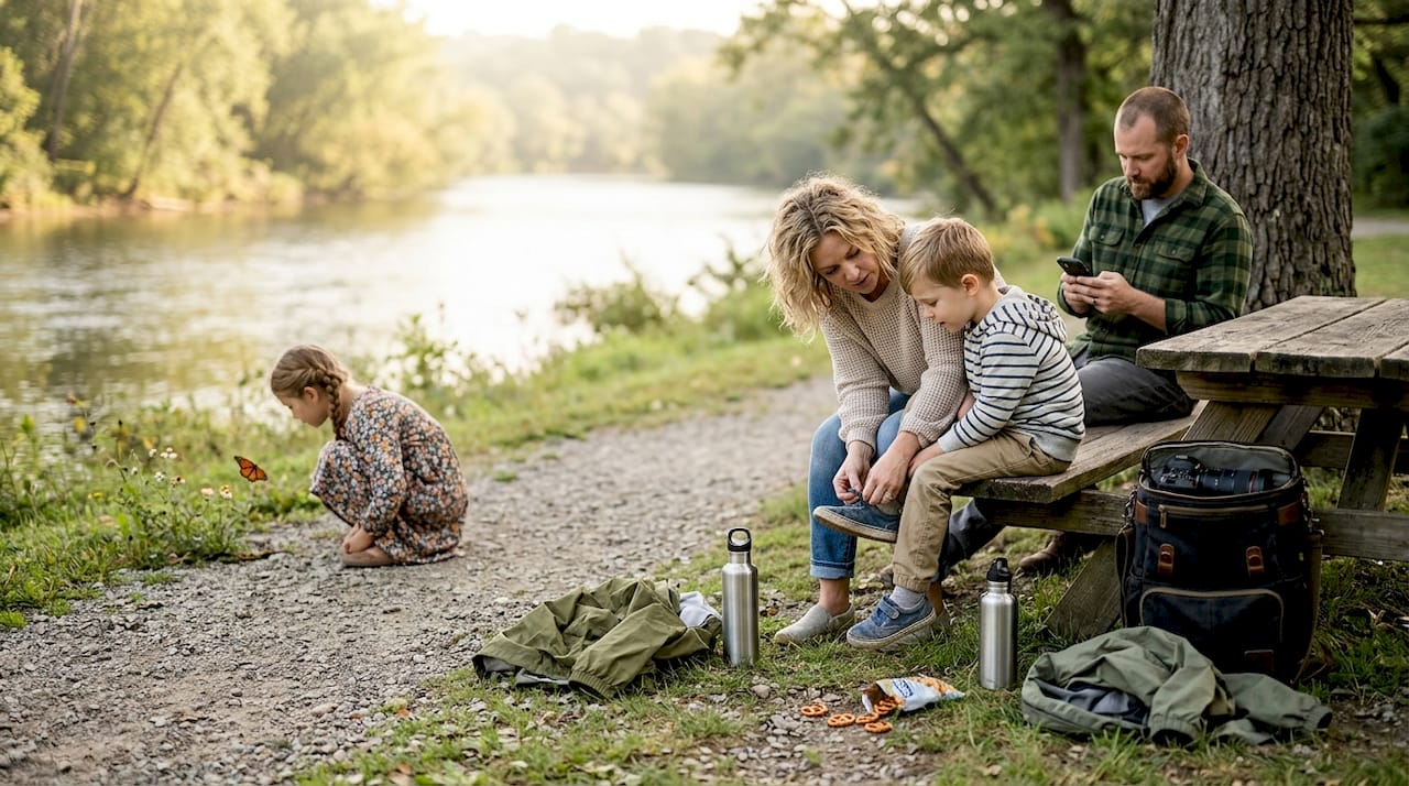 Family preparing before outdoor session