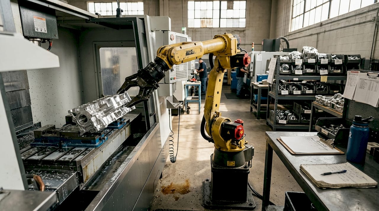 Robotic arm handling precision machined component
