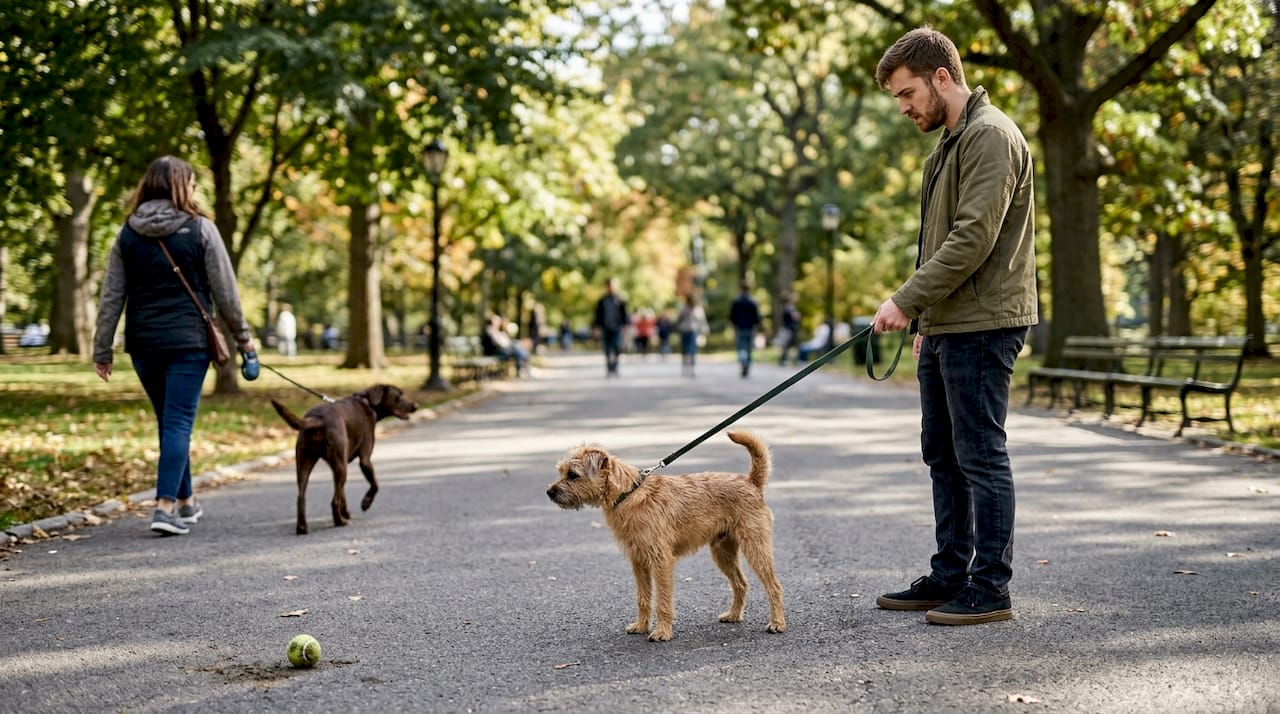 Dog showing warning signals during walk in park