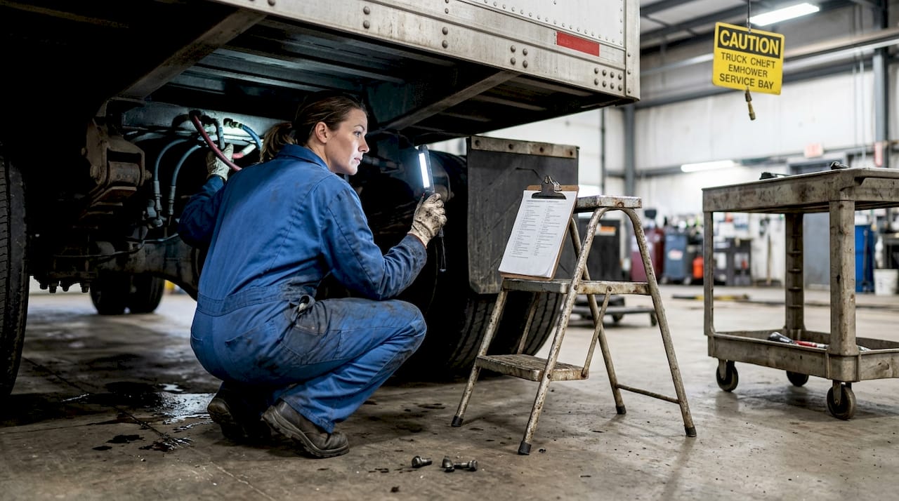 Mechanic inspecting trailer in service bay