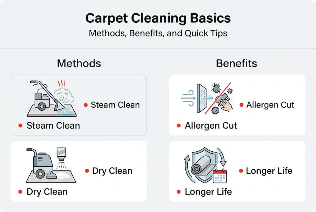 Infographic of methods, benefits, and tips for carpet cleaning