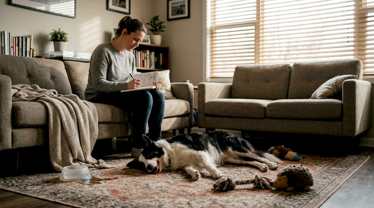 Border collie resting after indoor play