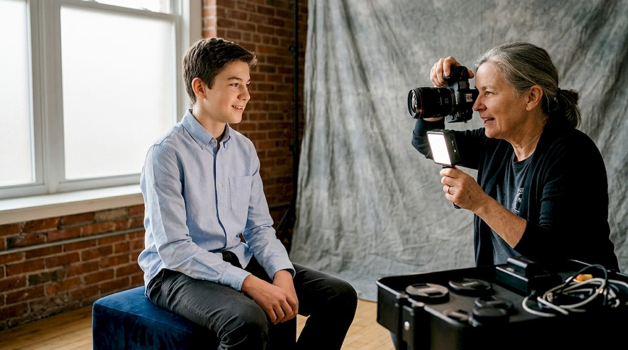 Photographer guiding student in portrait studio