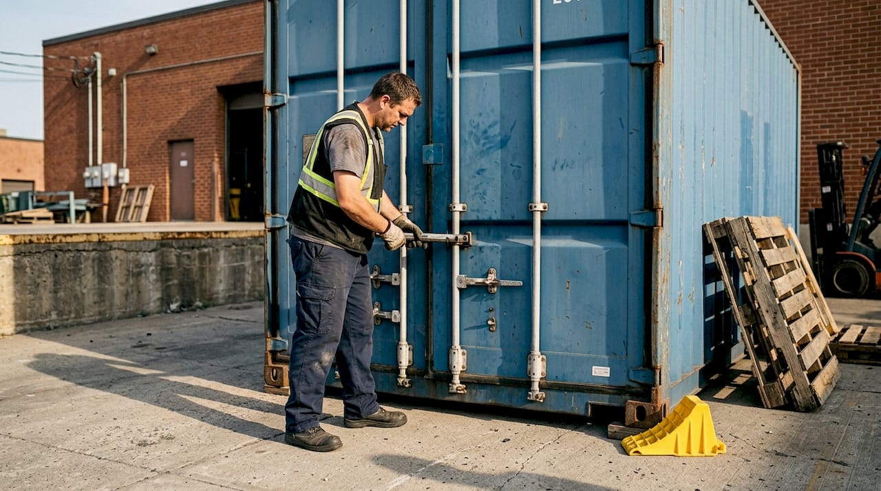 Worker locking shipping container at warehouse