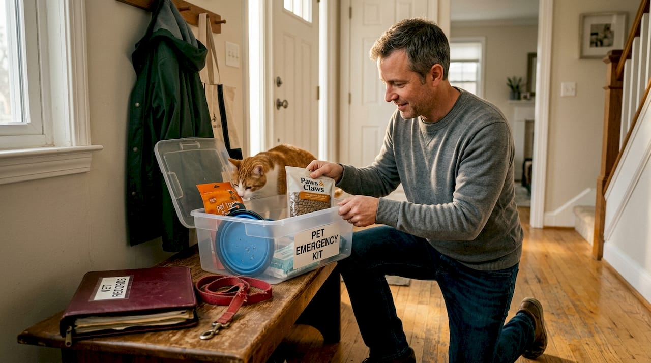 Owner assembling pet emergency supply kit in hallway
