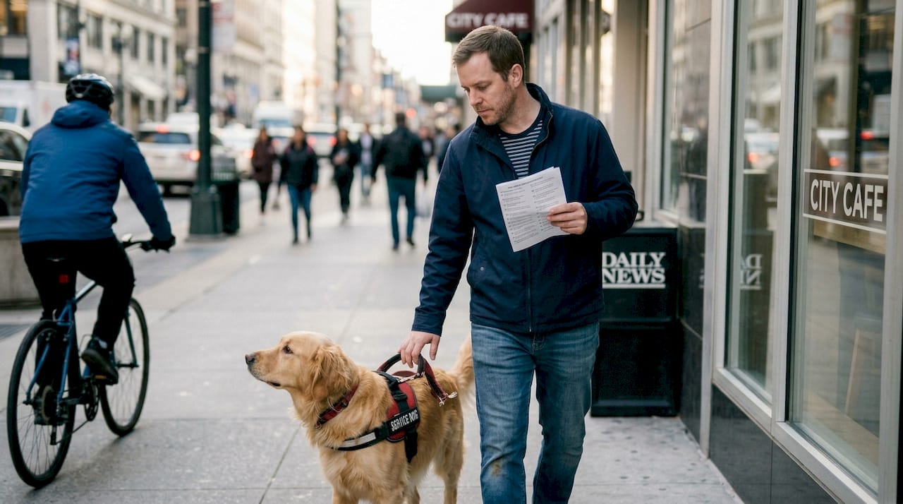 Service dog handler using cues outdoors