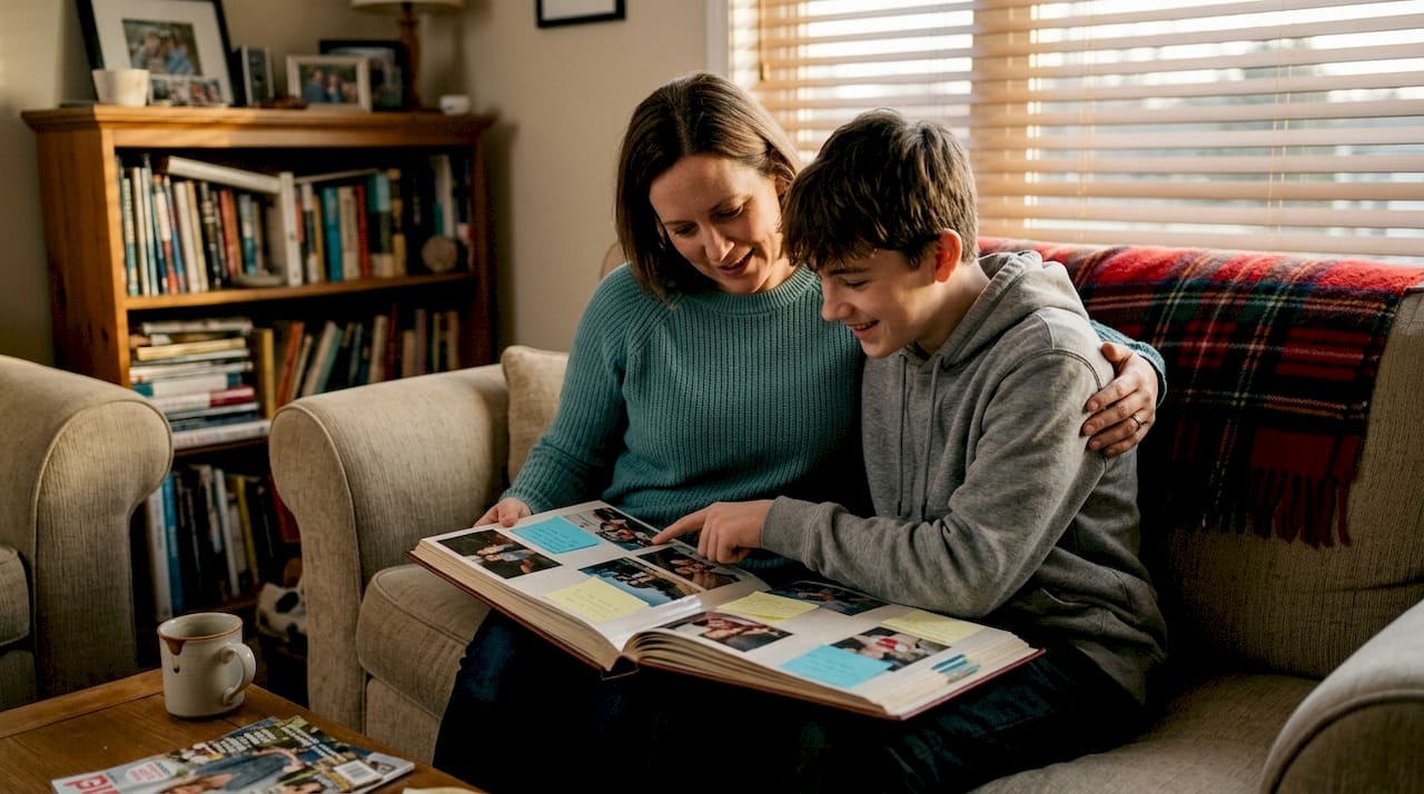 Mother and son look through family album
