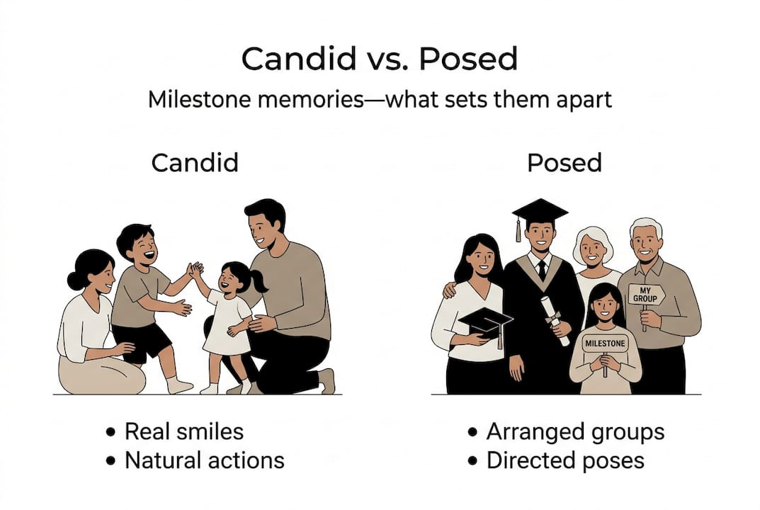 Infographic comparing candid and posed milestone photography