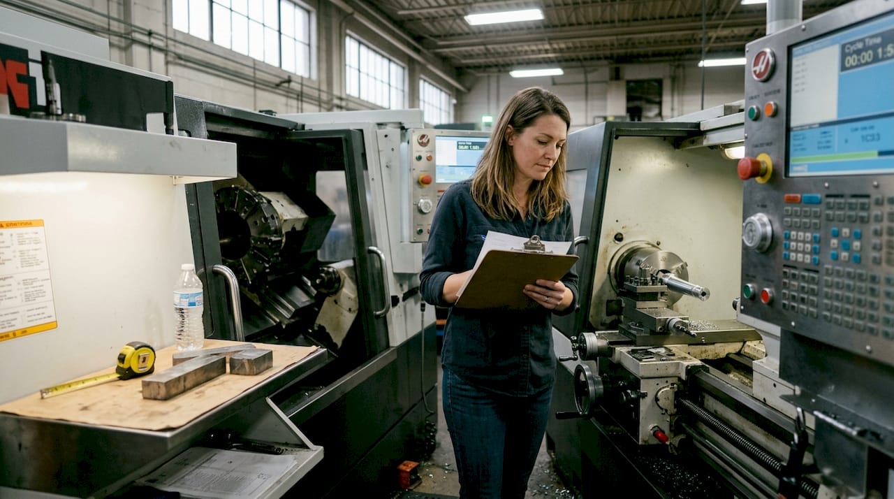 Supervisor reviewing part cycles in shop setting