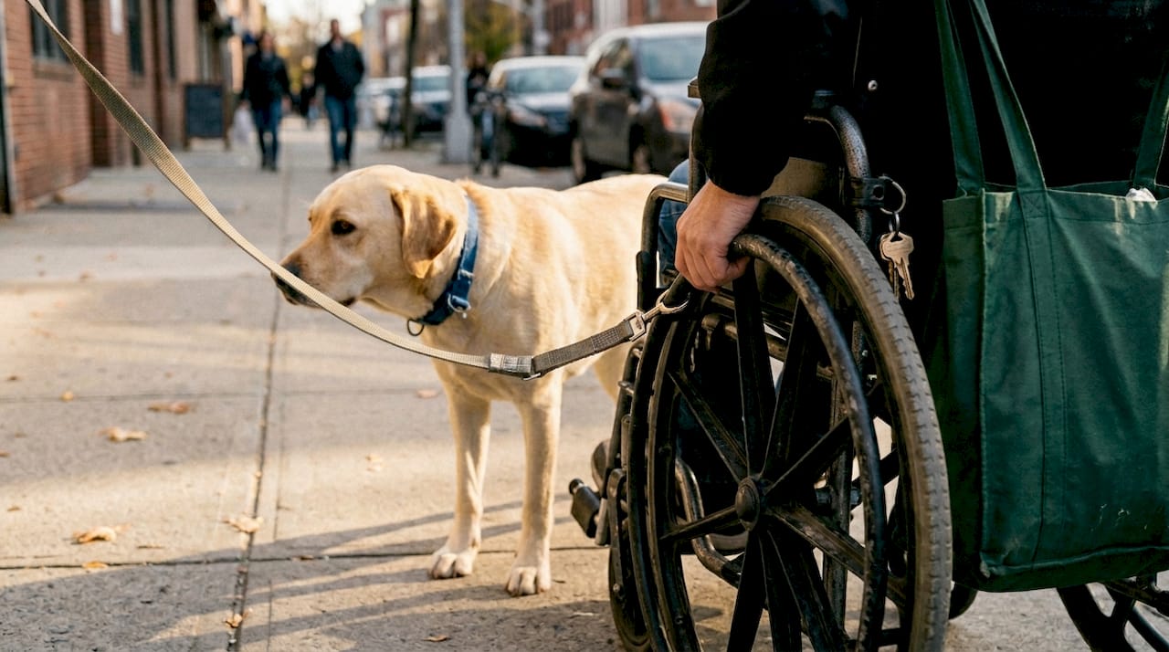 Hands-free leash and wheelchair on walk