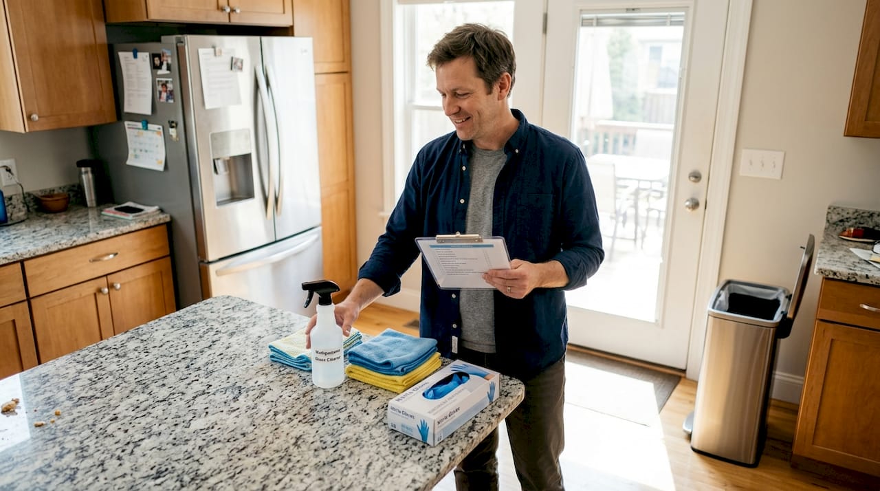 Host organizing supplies for Airbnb cleaning