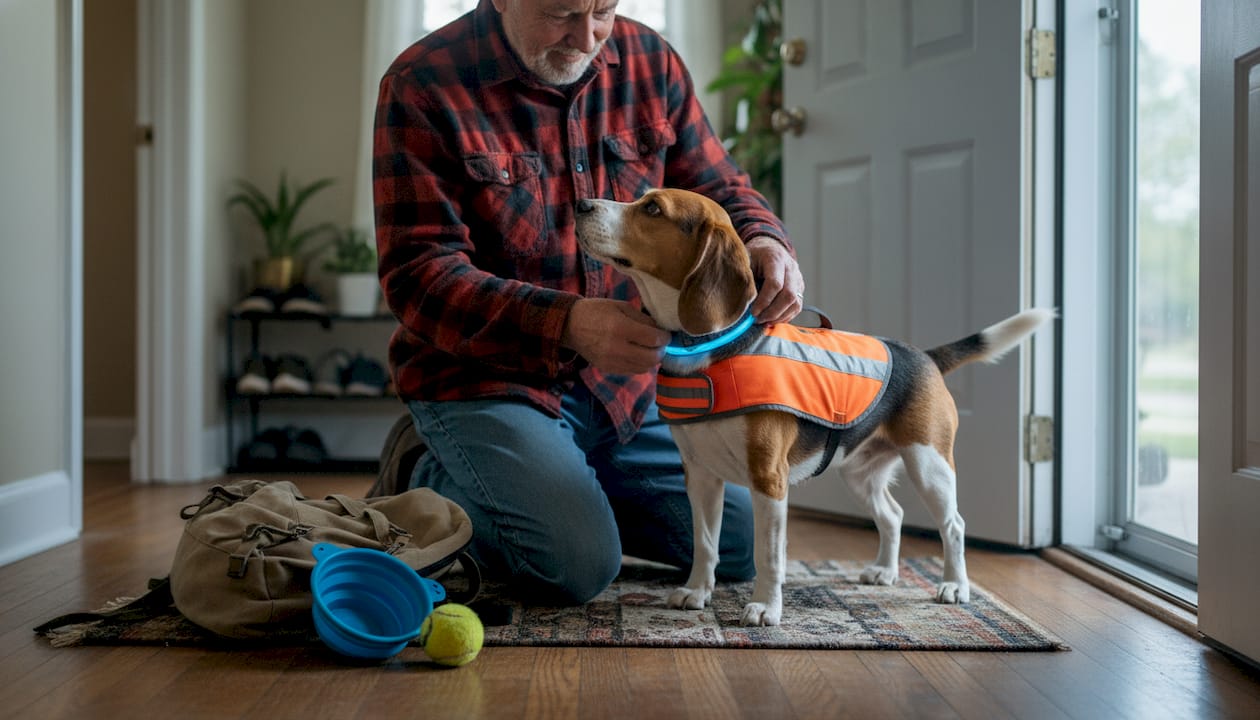 Dog owner fitting reflective gear on beagle