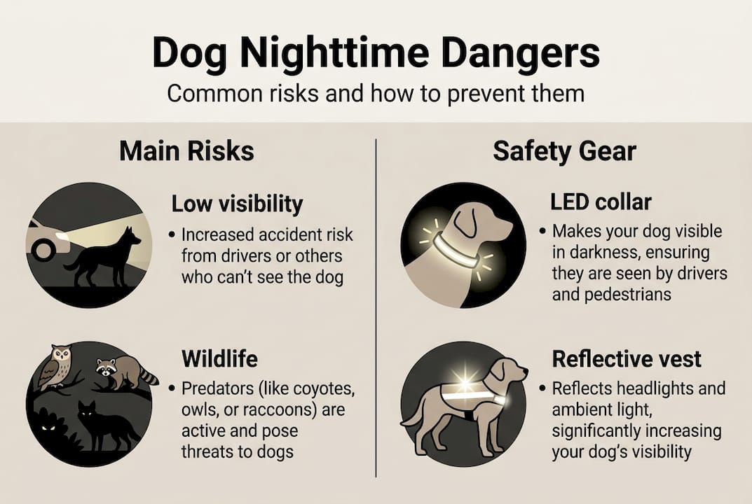 Infographic showing nighttime risks and safety gear for dogs