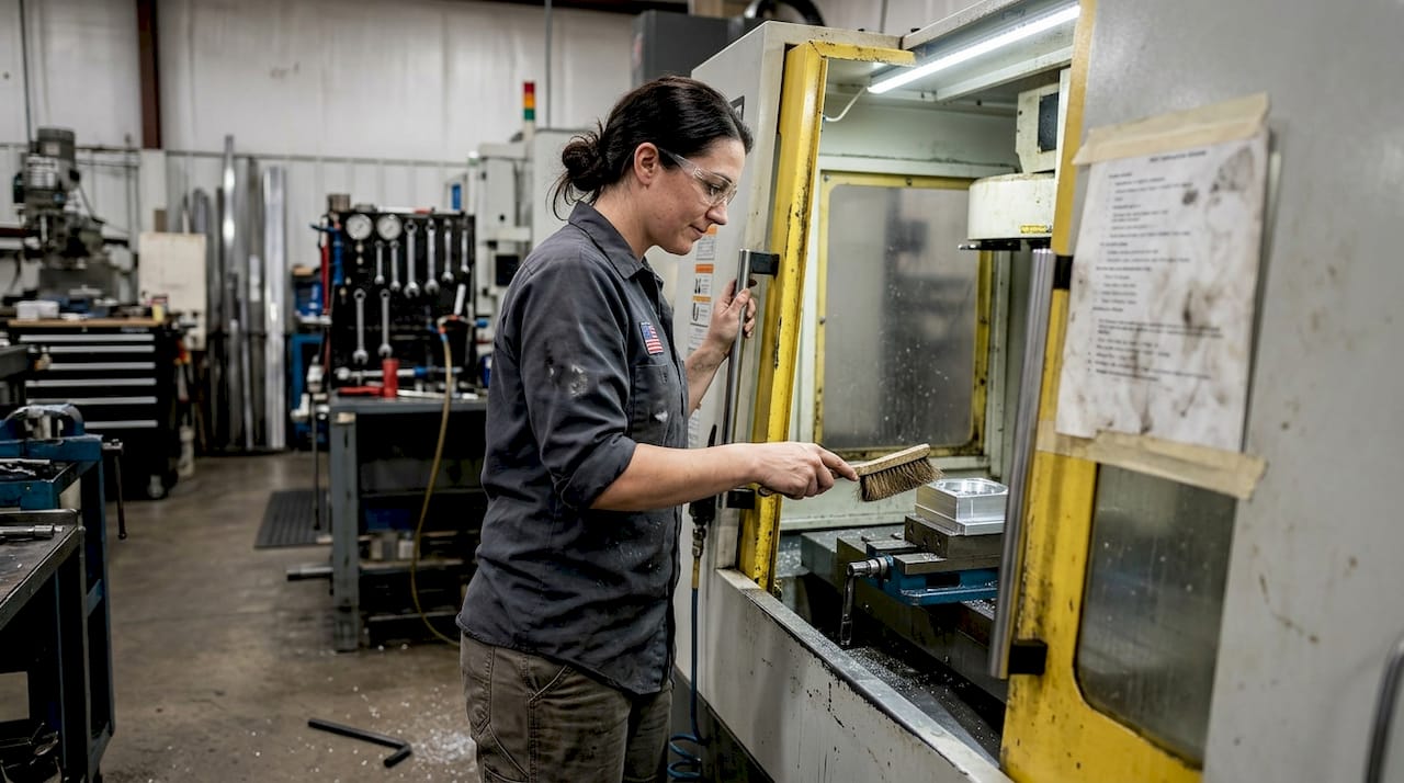 Machinist cleaning finished part at open CNC machine