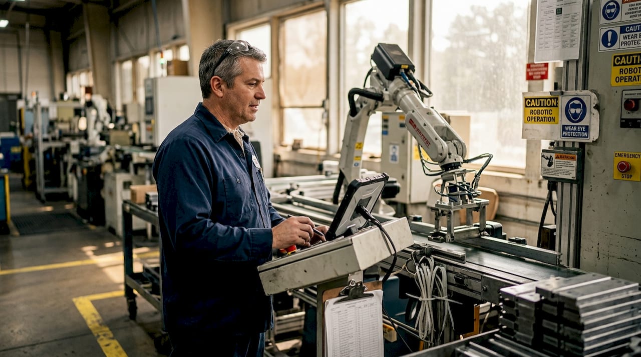 Technician supervises robotic part tending