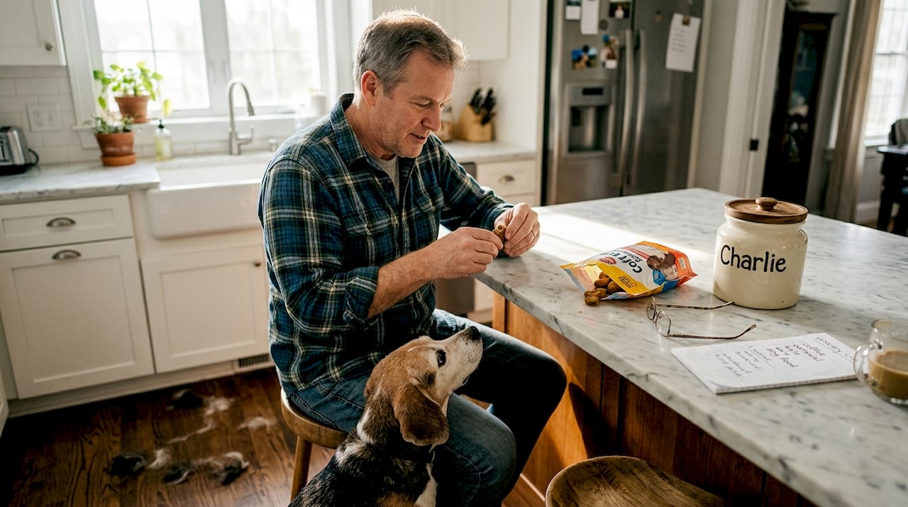 Man preparing soft treats for elderly beagle