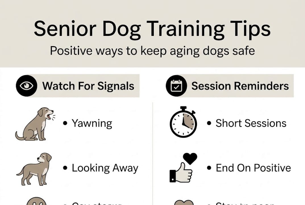 Infographic showing positive senior dog training tips
