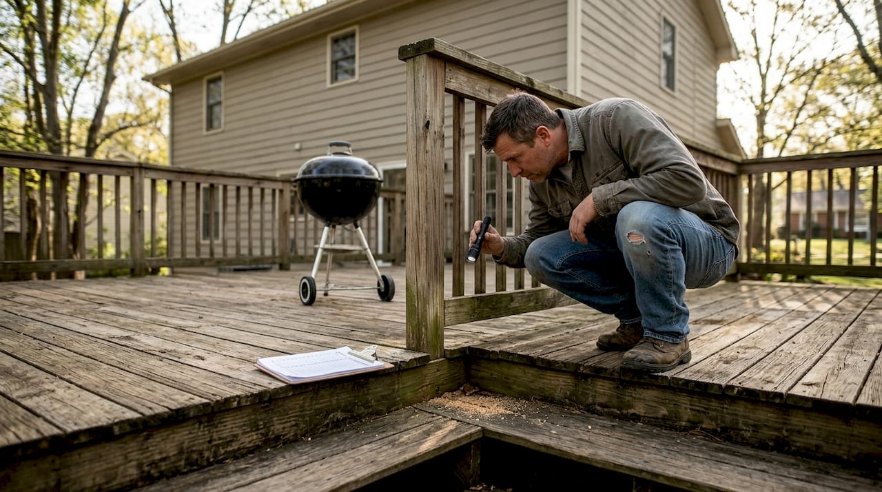 Contractor inspects deck structure for safety