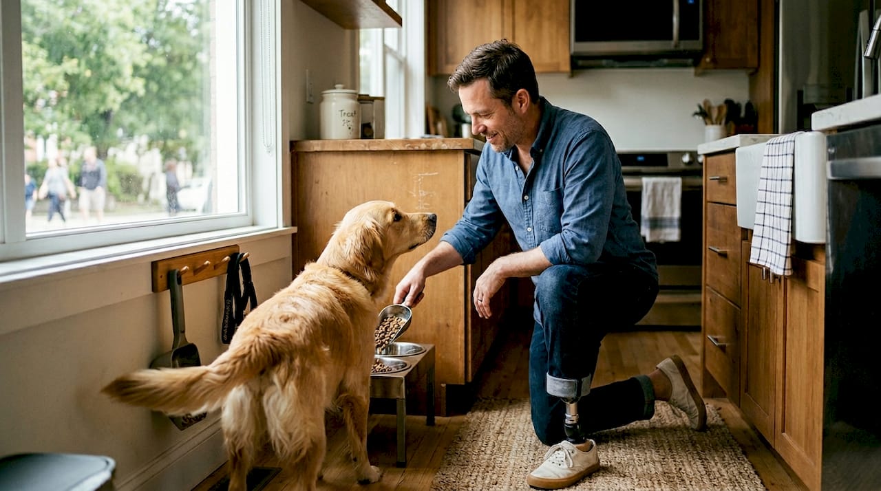 Disabled owner uses adaptive pet care tools