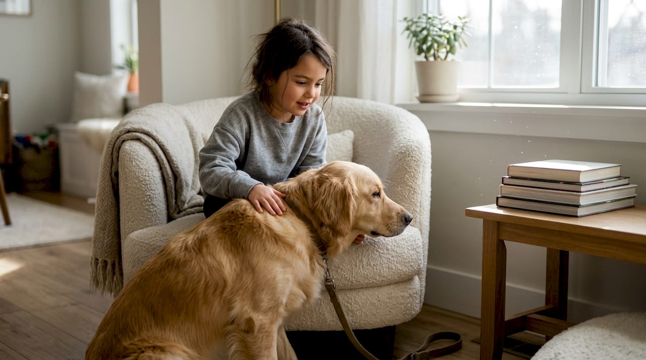 Girl gently pets relaxed dog in playroom