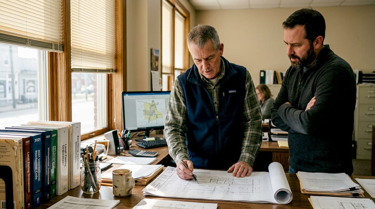 Inspector and homeowner reviewing deck plans