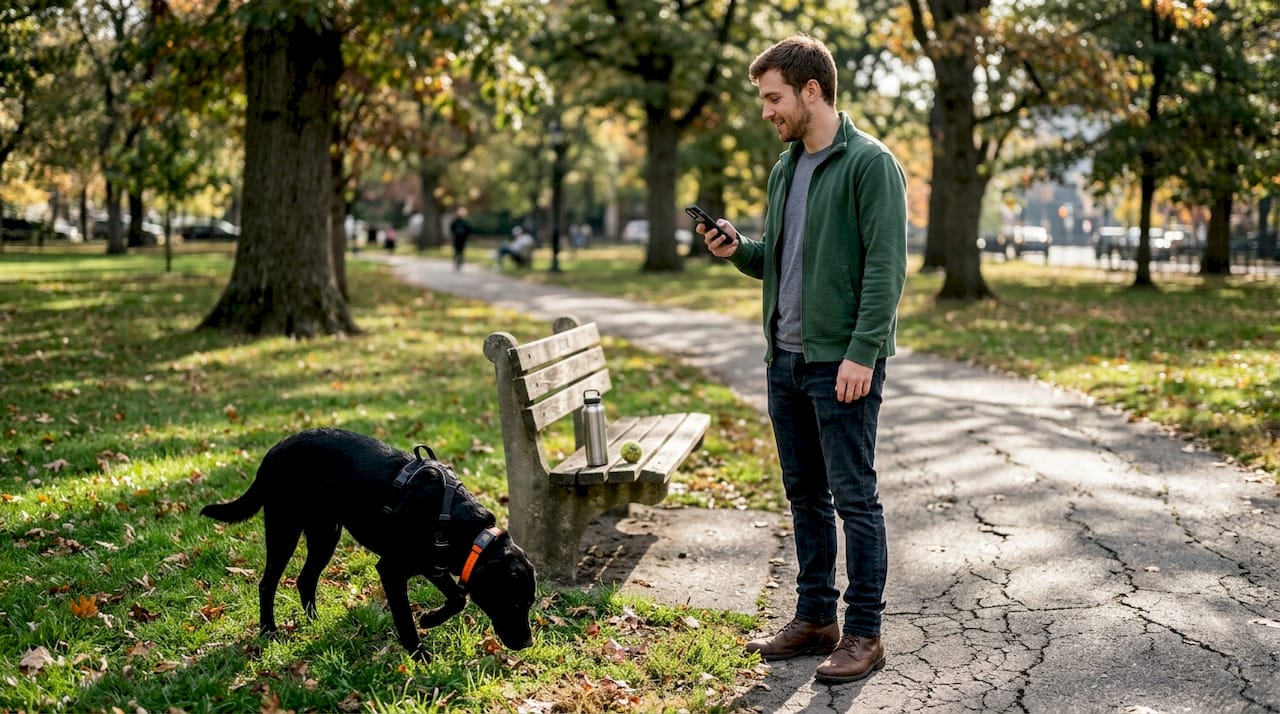 Handler checks GPS collar on service dog in park