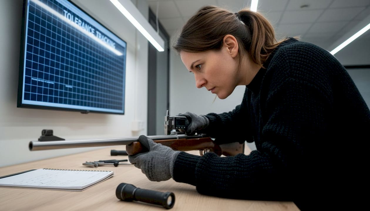 Inspector measuring rifle barrel in lab