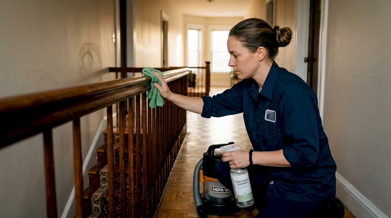 Staff using eco-friendly cleaning equipment
