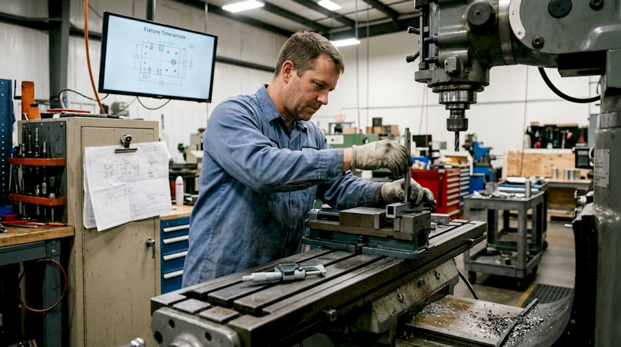 Engineer checks fixture setup for machining