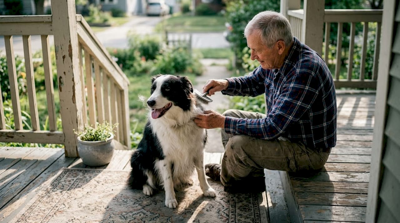 Man brushing border collie on porch