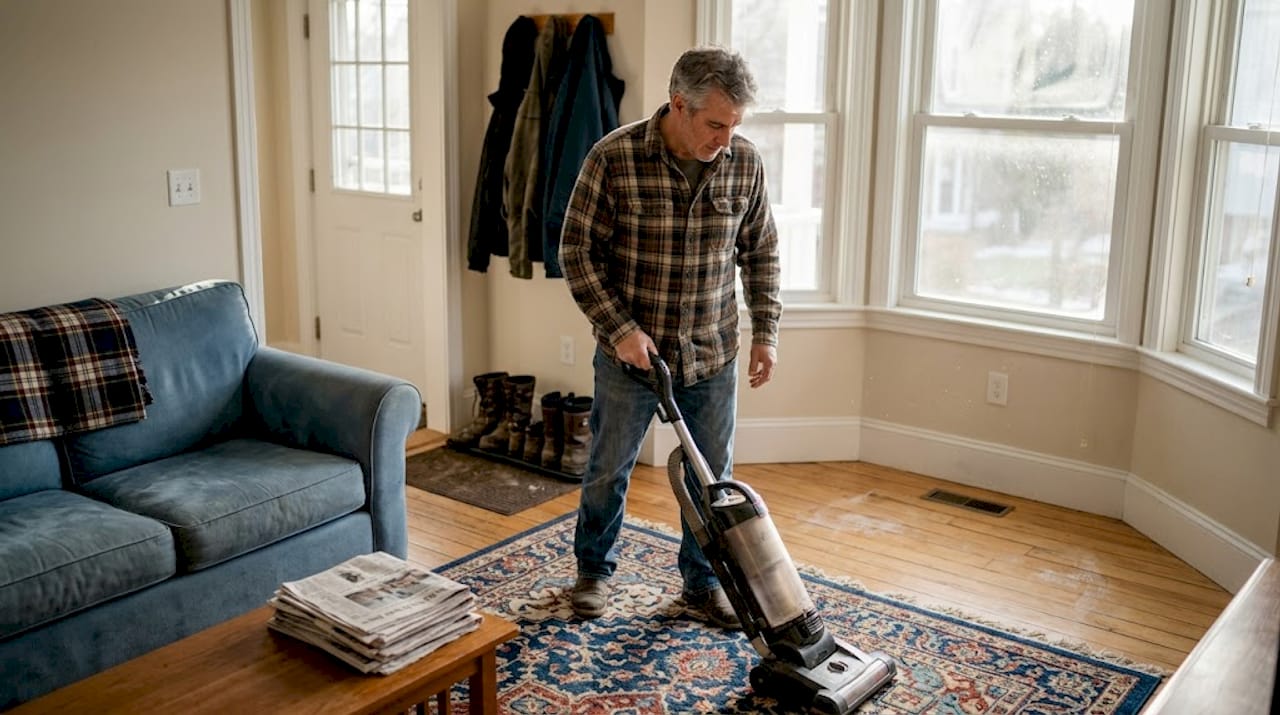 Man vacuuming Massachusetts living room after winter