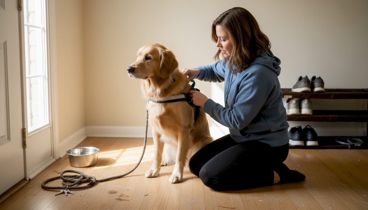 Woman harnessing service dog near door