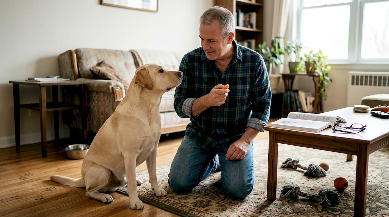 Man uses clicker for dog training indoors
