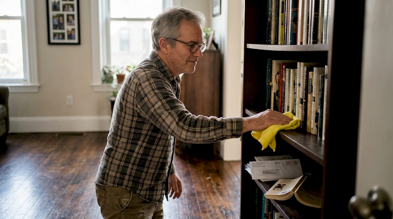 Man dusting living room in Boston home