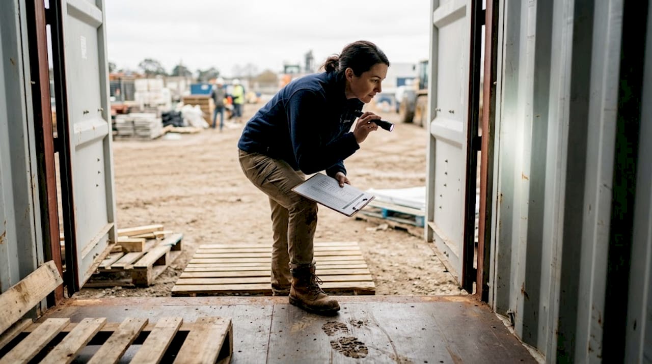 Woman inspecting inside 20ft shipping container