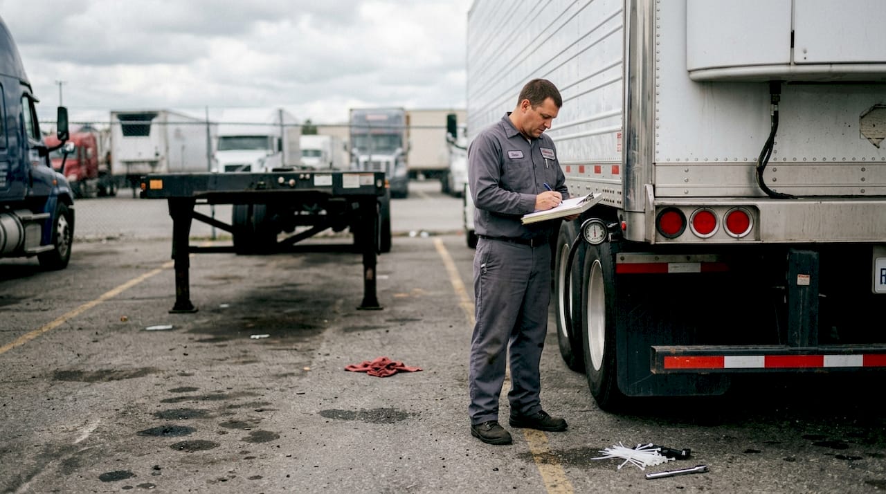 Technician inspecting reefer trailer exterior