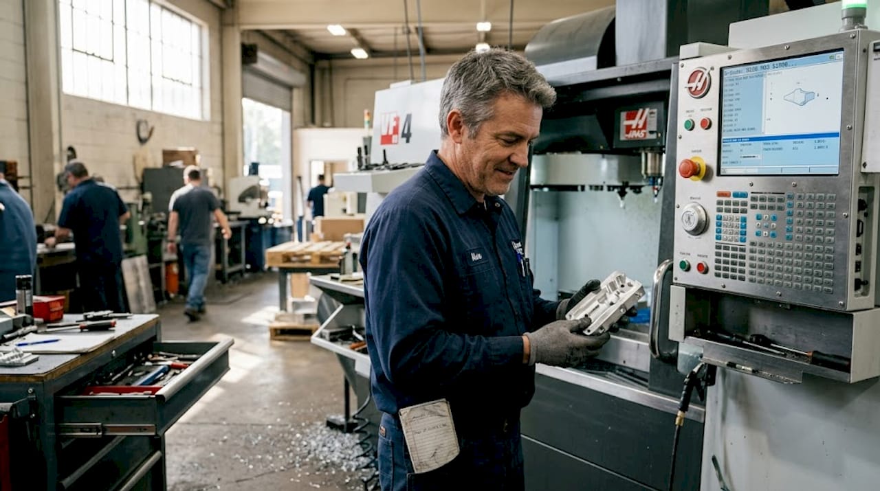 Shop supervisor inspecting machined part