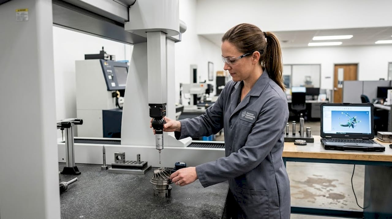 Inspector measuring aerospace component in metrology lab