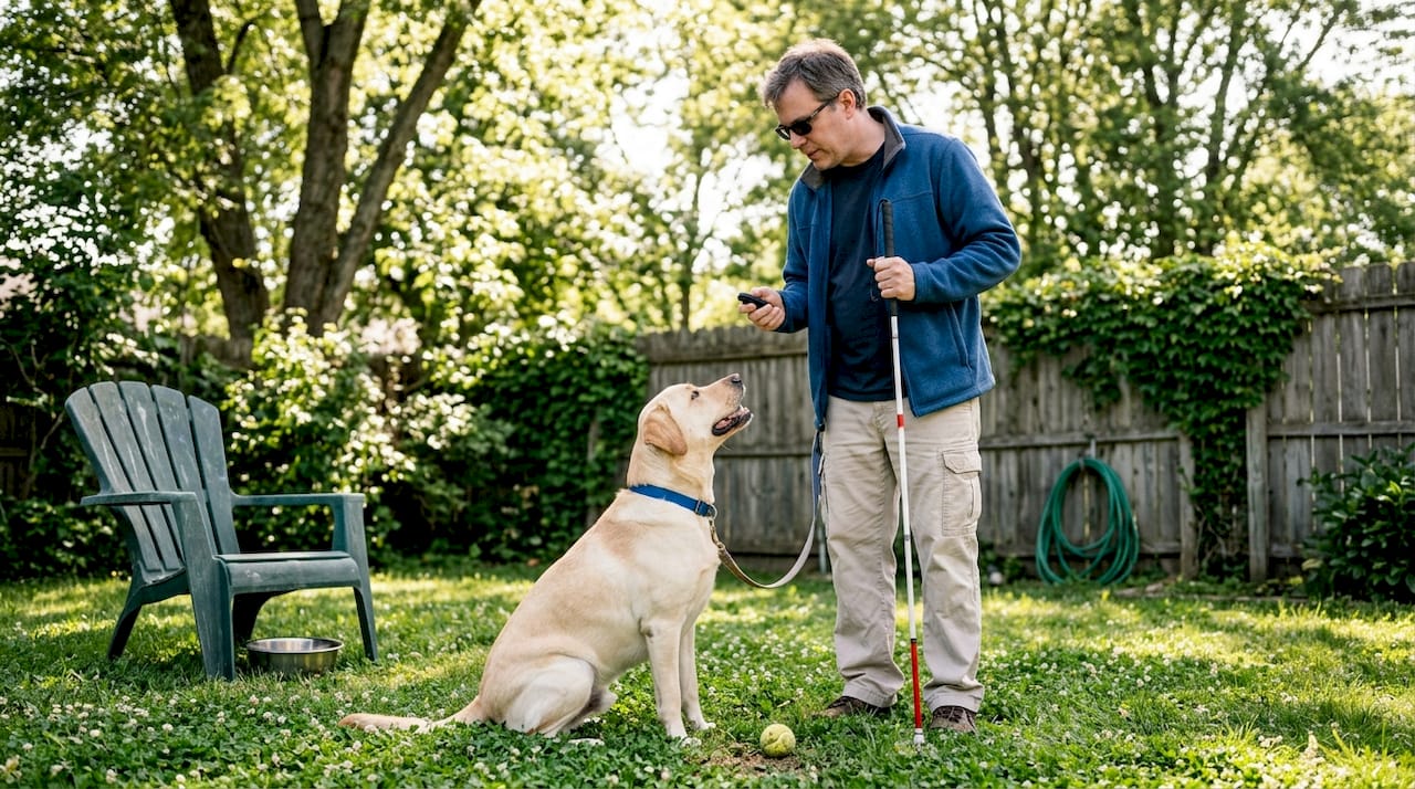 Man uses adaptive tools to train dog outside